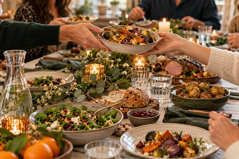 Mesa festiva con verduras, platos para compartir y una jarra de agua