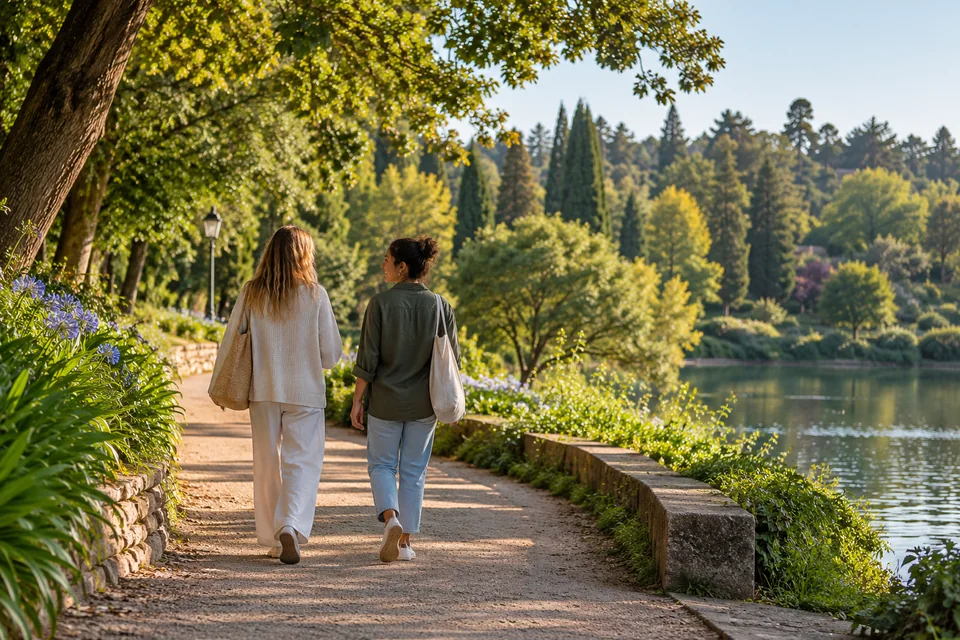 Un paseo en compañía por un sendero verde de un parque